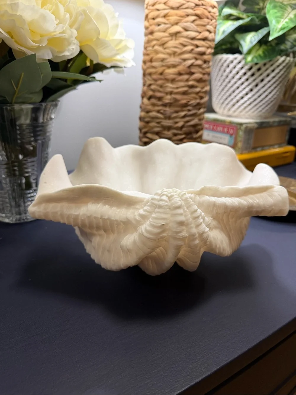 Sculptural White Giant Clam Shell Decorative Bowl Coastal Decor